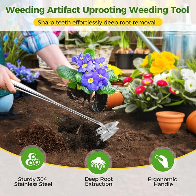 2025 Upgraded Weed Puller Tool,Portable Garden Weed Rake Uprooting Weeding Tool with Handle,4 Tooth Manganese Steel Manual Weeder Remover Tool for Gardening Backyard Farm Planting & Weeding