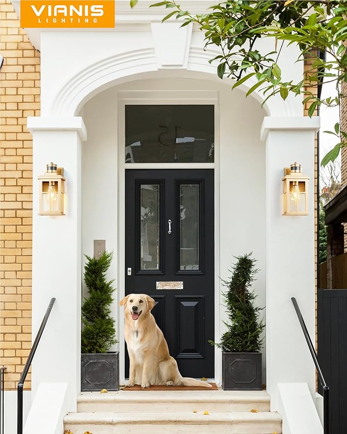 Motion Sensor Outside Lights for House, Modern Dusk to Dawn Outdoor Lighting, 2 Pack Gold Anti-Rust Outdoor Wall Lights with Transparent Glass, Waterproof Outdoor Porch Lights for House, Patio