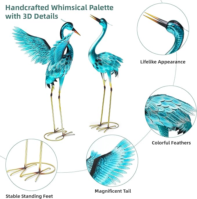 36.75" Metal Crane Garden Statue - Handmade Oversize Heron Sculptures with Stable Ground Stakes, Backyard Large Bird Decoration, Metal Garden Art.