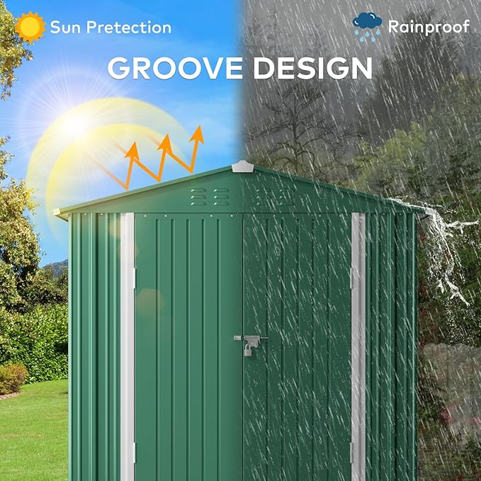 Gizoon Outdoor Storage Shed 6 x 4 FT, Galvanized Metal Garden Shed with Double Lockable Doors, Outdoor Storage Clearance for Backyard Patio Lawn-Green