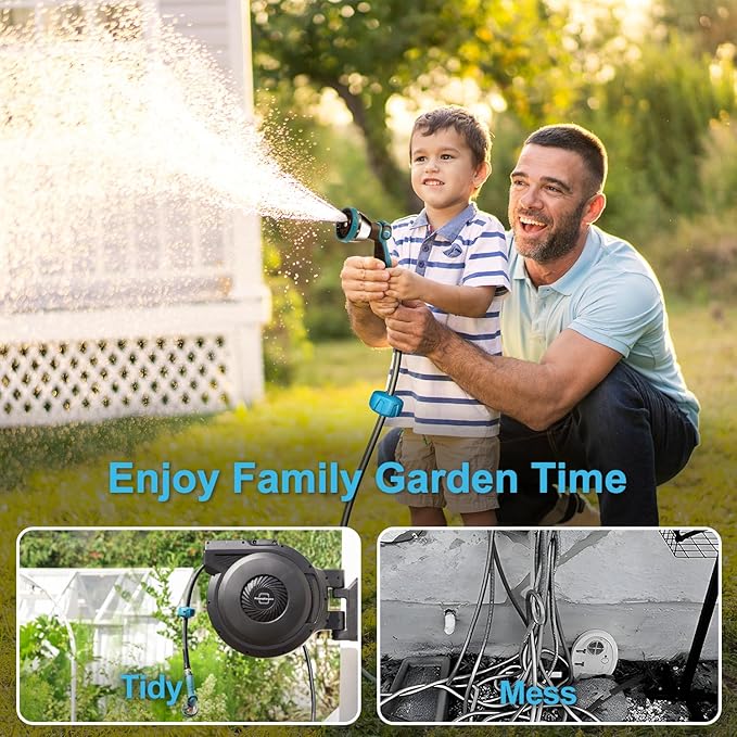 Retractable Garden Hose Reel - 5/8 inch x 80 ft Wall Mounted Hose Reel with 10 Pattern Nozzle & Any Length Lock, Heavy Duty Water Hose Supports Automatic Rewind & 180° Swivel, Black