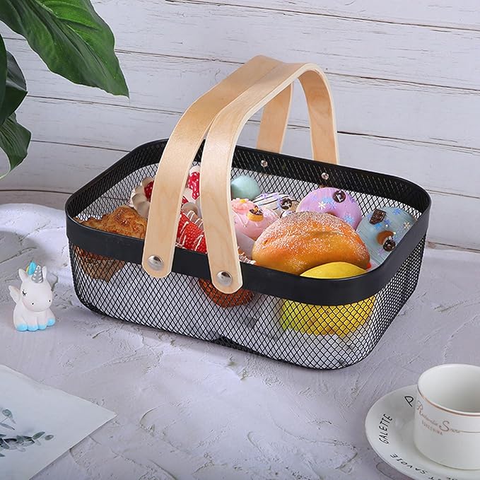 Metal Mesh Steel Basket, Storage Organizer Basket Garden Harvest Basket Multi-functional Kitchen Fruit Baskets Bin with Wooden Handle for Bathroom Picnic Shopping Decor Cabinet Home, Black