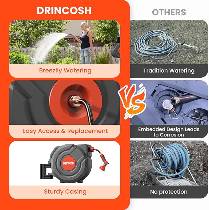 Upgraded Retractable Garden Hose 5/8 in x 115 ft Heavy Duty Wall-Mounted Hose Reel 180°Swivel Automatic Slow Return Any Length Lock 9 Pattern Nozzle UV Resistant (Black)