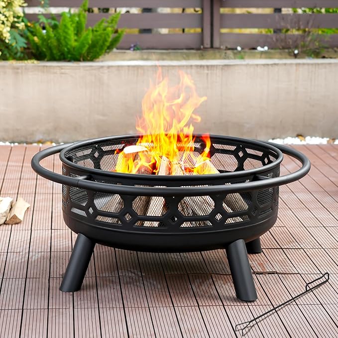36 Inch Fire Pit, Outdoor Wood Burning Firepit with Removable Grill & Poker, Heavy Duty Metal Round Fireplace,2 in 1 Large Bonfire for Outside,BBQ,Yard,Patio