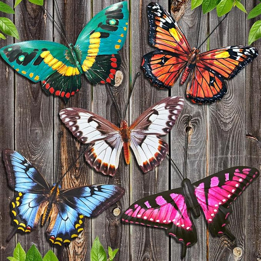 Metal Butterfly Wall Decor - 5 Pack Lifelike Butterflies Wall Art Sculpture Hanging Decorations for Indoor or Outdoor, Yard Patio Fence Garden Decoration