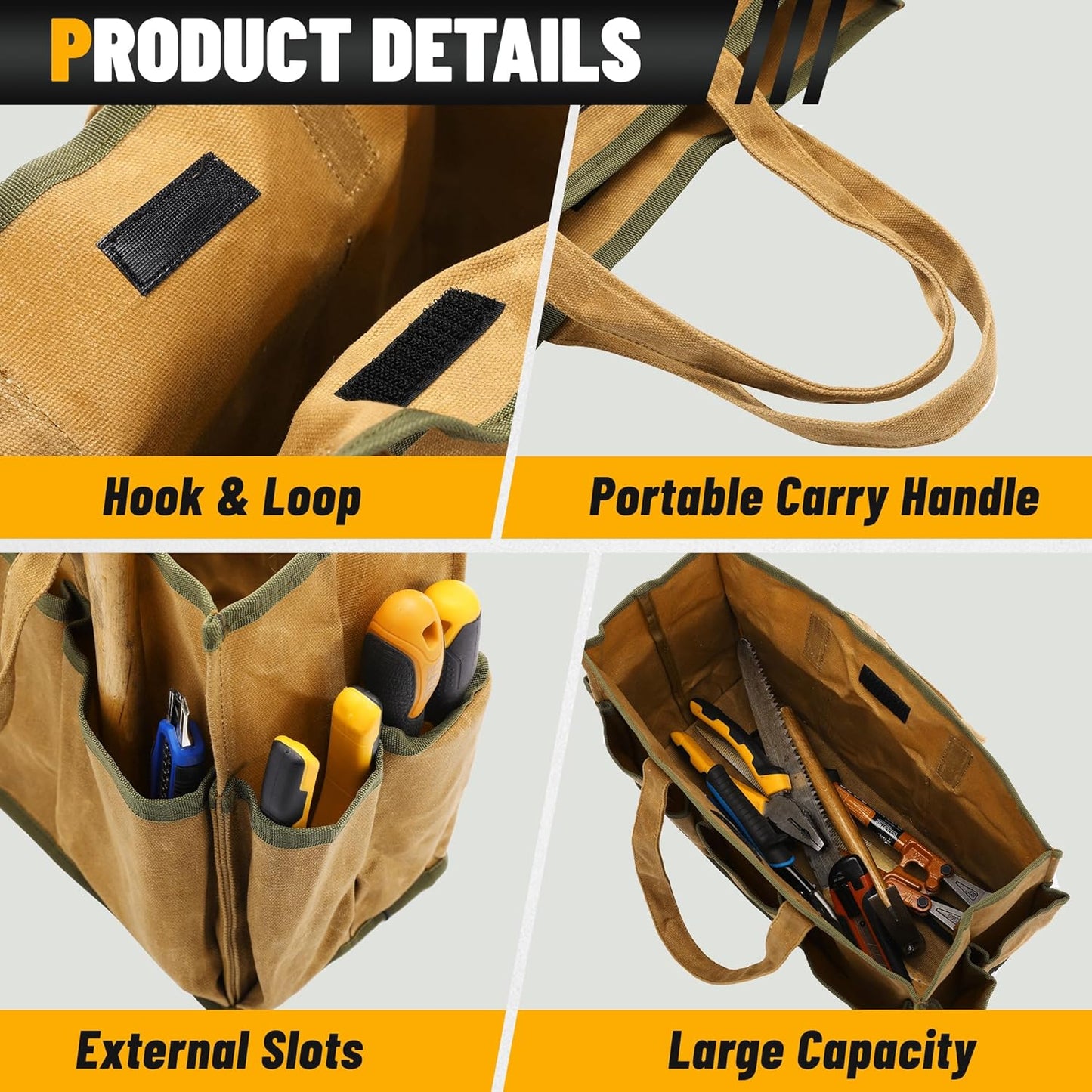 16OZ Waxed Canvas Tool Tote Bag | Large-Capacity Tool Storage Tote with 10 External Pockets | Multi-Purpose Garden Tool Carrier for Gardening, Wrench, and Carpentry Tools – Khaki