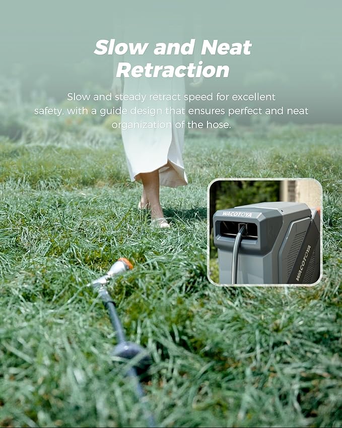 Retractable Garden Hose Reel 1/2 in x 130 ft Professional Metal Bracket & 9-Pattern Metal Nozzle UV Resistant Brass Fitting Heavy Duty Wall Mount Any Length Lock Slow Retraction 180° Swivel