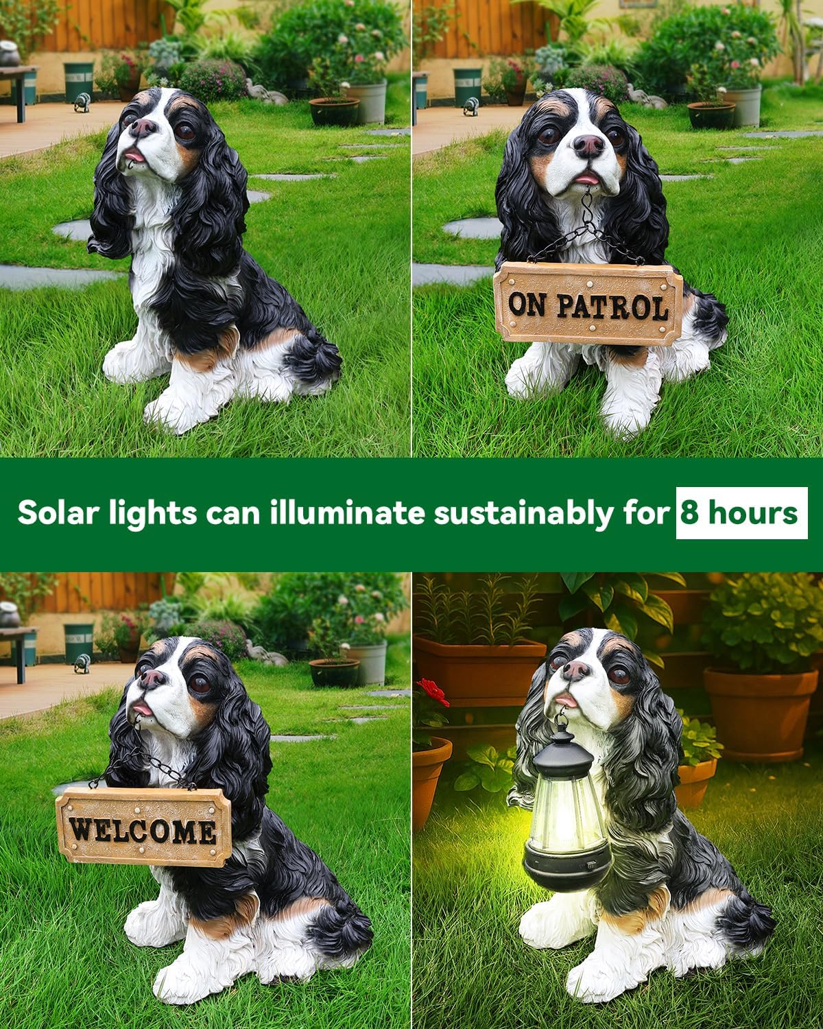 Charming Cavalier King Charles Spaniel Welcome Dog Statue with Solar Lantern, Hand-Painted Sitting Resin Puppy Figurine with Reversible Signs for Garden, Patio, and Porch Décor