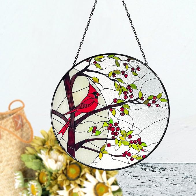 Stained Glass Window Hanging Sun Catcher 7.8”- Cardinal in Full Moon Stained Glass Suncatcher, Red Berry Tree, Nature, Indoor Decor, Wall Art, Gifts for Women