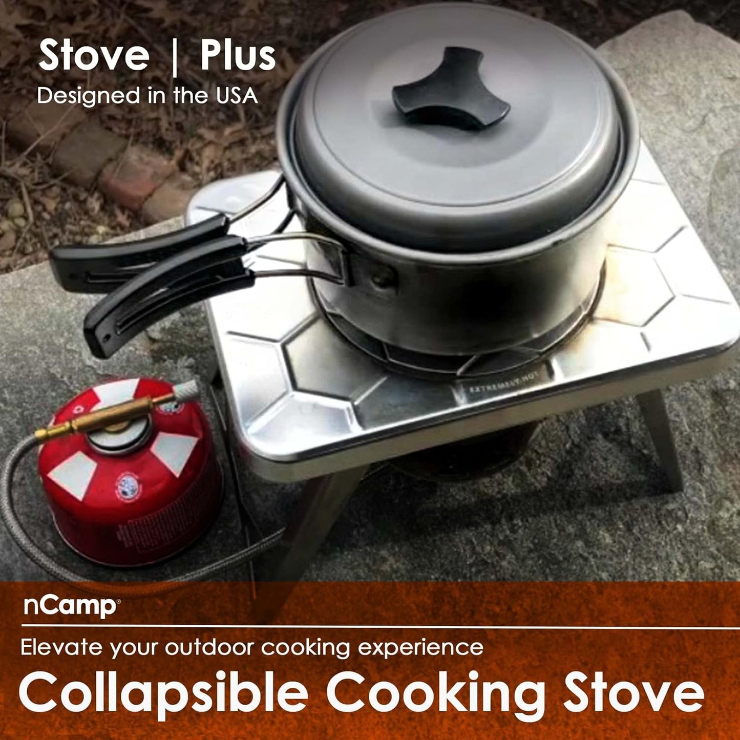 nCamp - Stove Plus Portable Camp Stove Set, Outdoor Multi Fuel Camp Stove, Wood Stove with Iso-Propane Adapter, Mini Stove for Gas, Hexamine Tablets, Liquid Fuels, Portable Camp Cooker 2-Piece Set