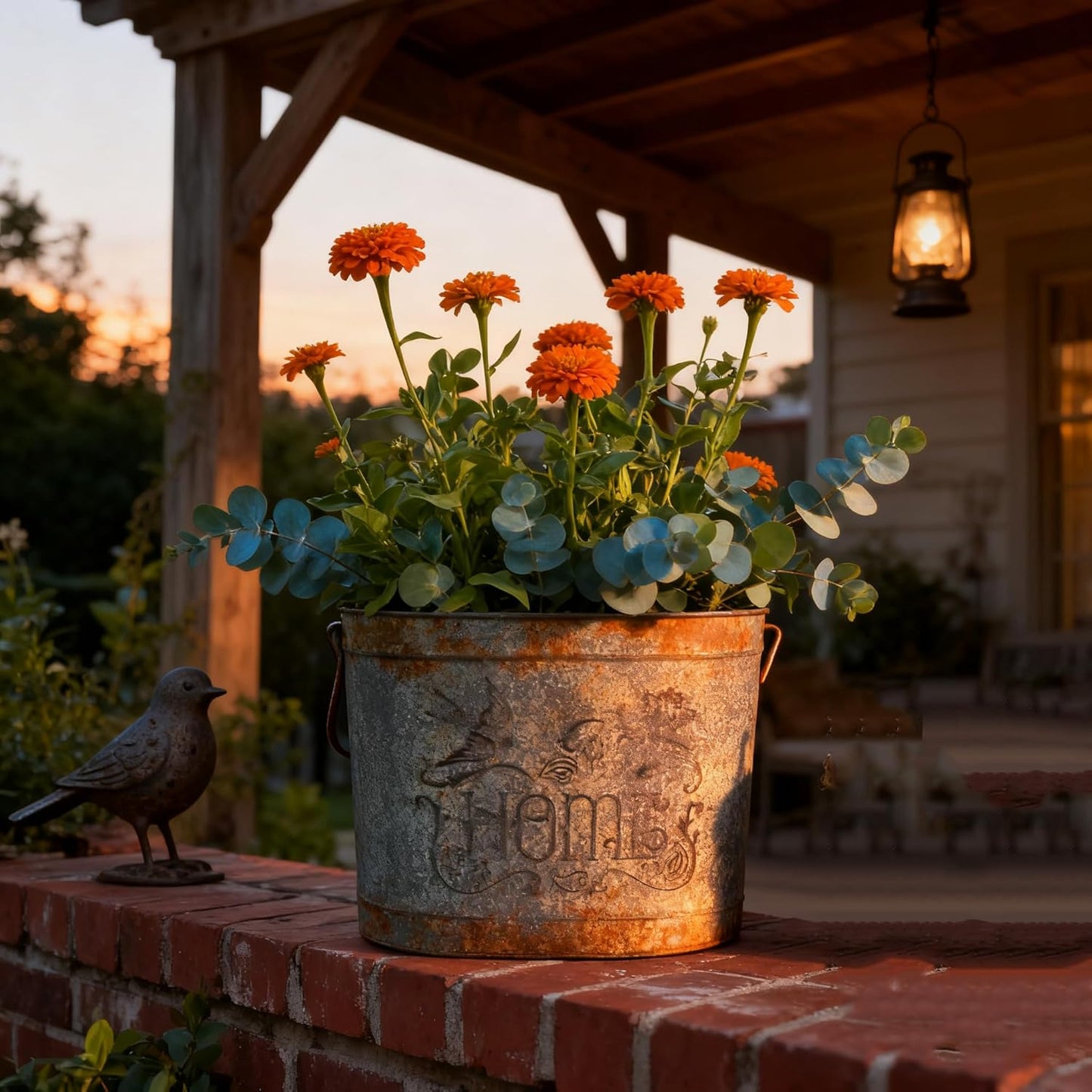 Set of 2 Vintage Distressed Metal Planter, Decorative Flower Buckets with Floral Embossing, Rustic Farmhouse Flower Pot for Herbs Succulents, Wedding Party Home Decor Accents