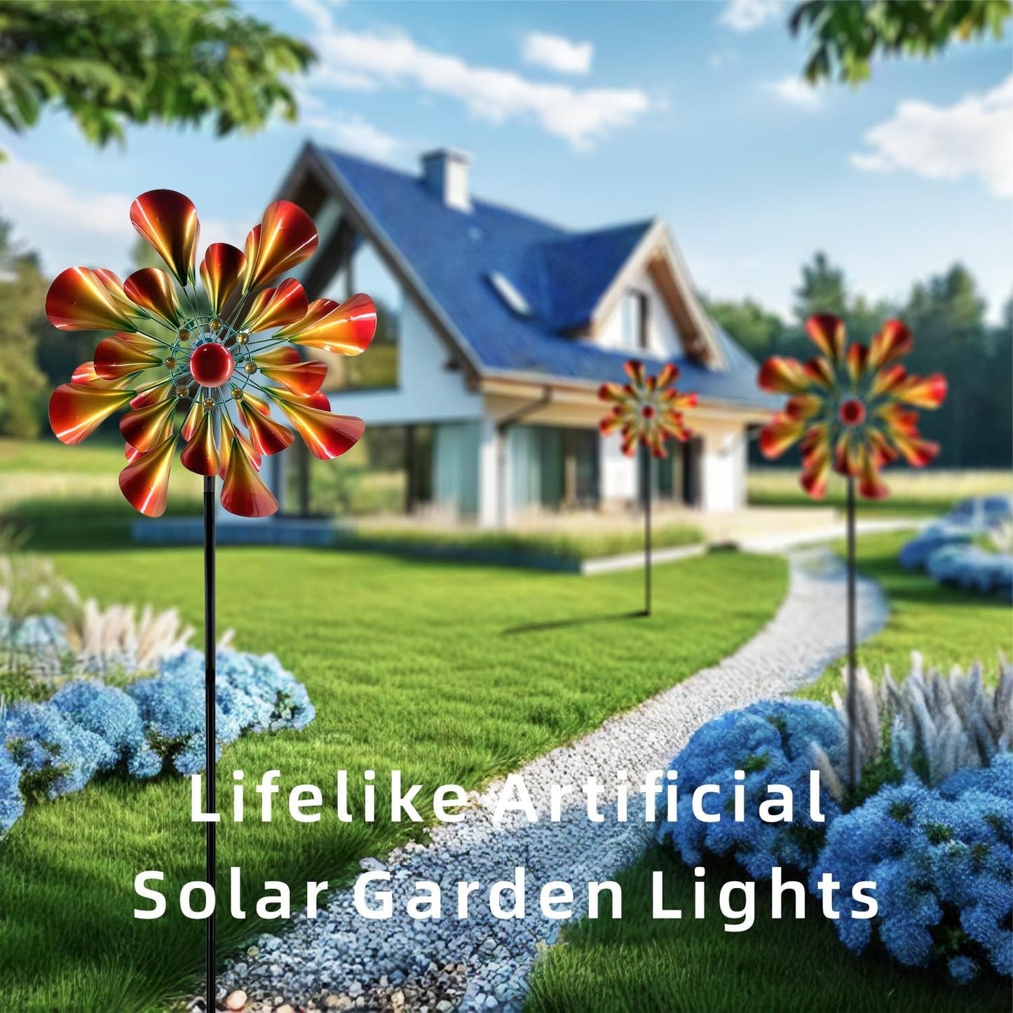 Outdoor Wind Spinner with Garden Stake 88.58" Metal Two-Way Wind Sculptures Solar Color Changing Lights Large Windmills for Garden,Patio,Yard,Lawn Decor Gifts Trumpet