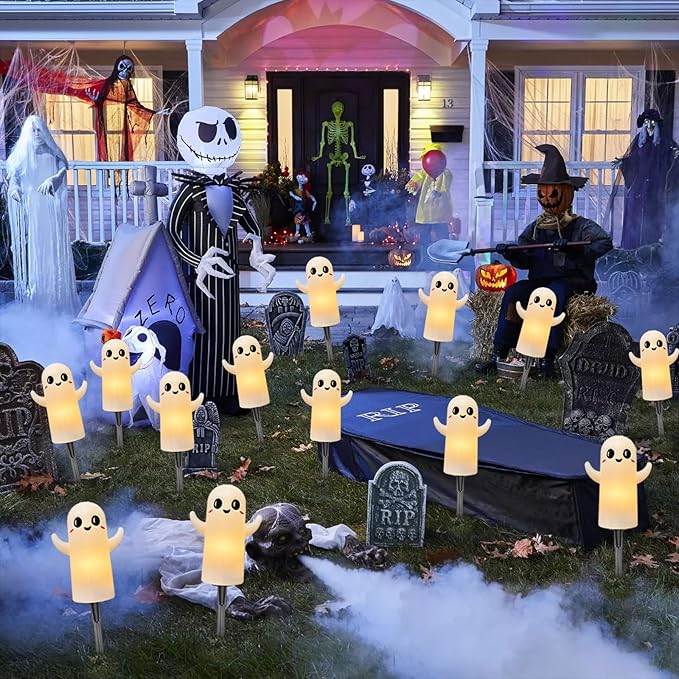 4 Pack Halloween Smiley Elves Pathway Lights, 7Ft Outdoor Halloween Decorations Lights with LED Smiling Ghost Yard Stakes Lights for Outdoor Garden Walkway Patio Backyard Halloween Party Decor