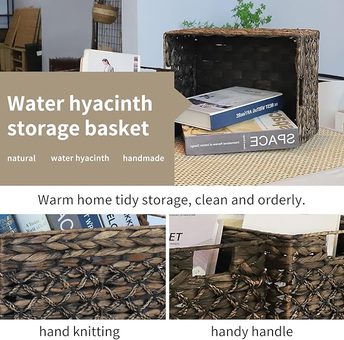 Rectangular Wicker Storage Basket, Dark Water Hyacinth Basket With Inside Handles Shelves Kitchen Office Desk (Large)