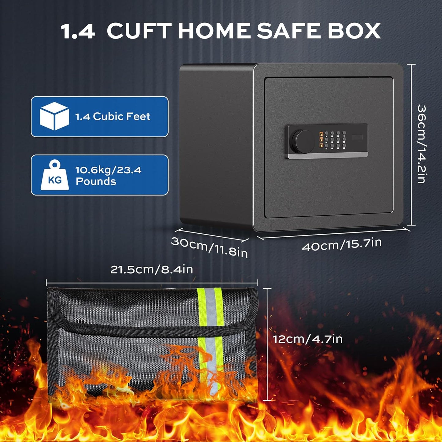 1.4 Cubic Feet Safe Box with Fireproof Waterproof Bag, Anti-theft Home Safe for Money Cash Documents Valuables, Digital Security Box with Alarm System, Electronic Keypad, Removable Shelf