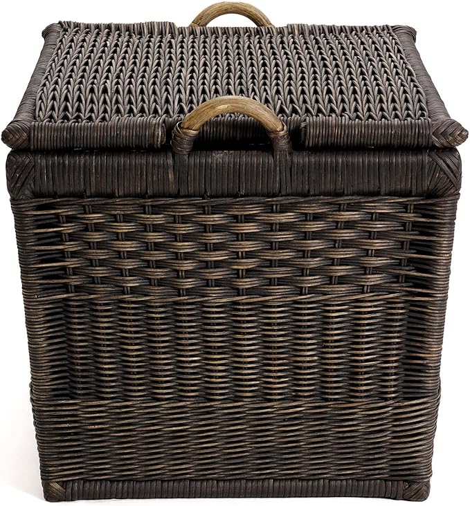 The Basket Lady Lift-Off Lid Wicker Storage Basket, Medium, 20 in L x 15 in W x 14 in H, Antique Walnut Brown
