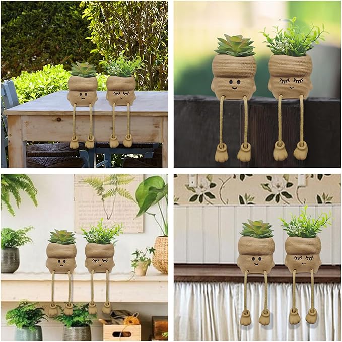 2Pcs Smiley Face Succulent Artificial Plants Planters - Cute Plant Pot Home Decor, Small Faux Plants Planter Indoor for Bathroom/Office/Kitchen Window Sill Decor, Fake Plant Ideas Gifts for Women