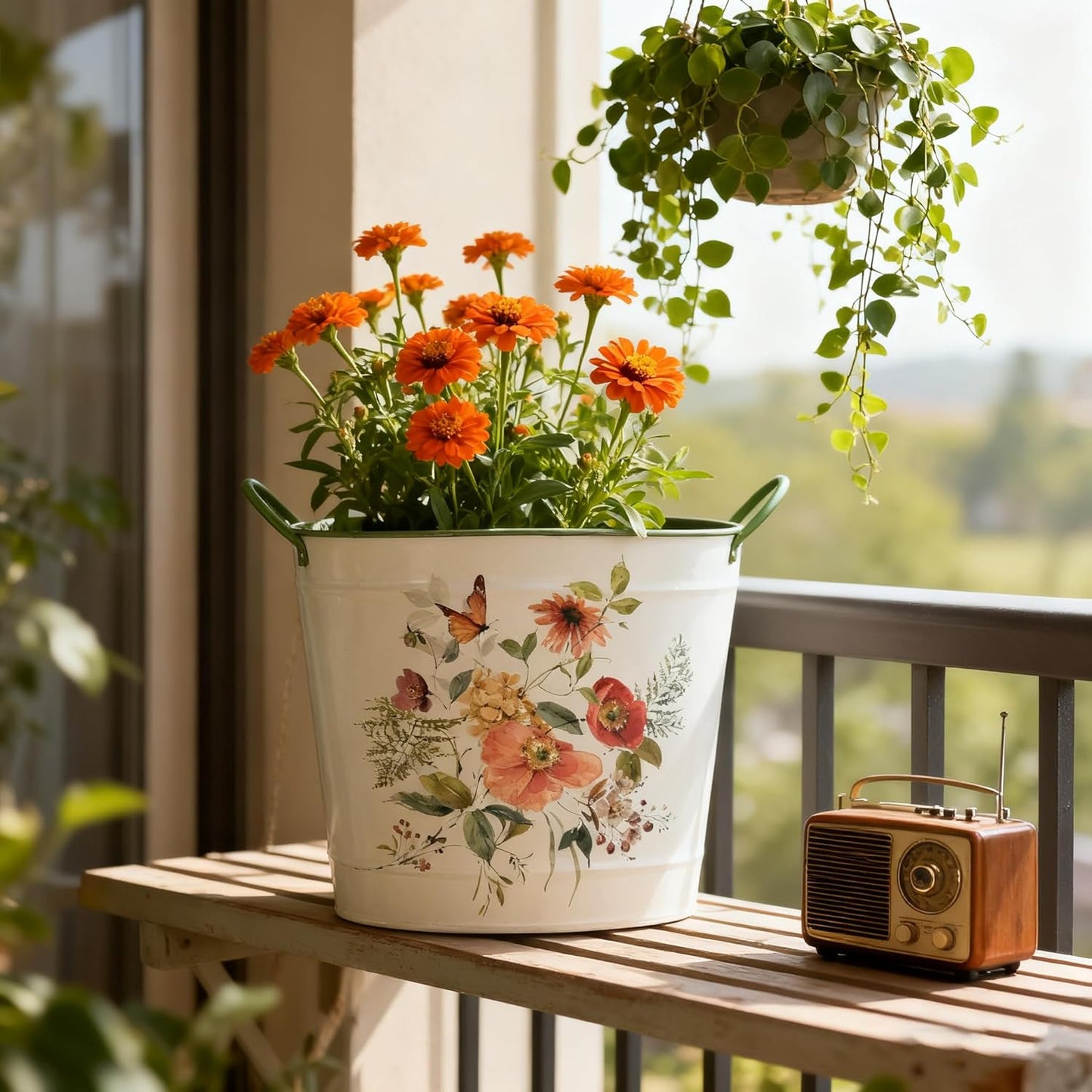 Set of 3 Vintage Floral Butterfly Metal Planter Pots, Decorative Flower Buckets with Handles, Rustic Farmhouse Plant Containers for Indoor Outdoor Gardening, Succulents, Herbs, Home Decor