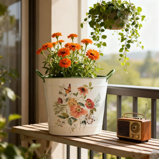 Set of 3 Vintage Floral Butterfly Metal Planter Pots, Decorative Flower Buckets with Handles, Rustic Farmhouse Plant Containers for Indoor Outdoor Gardening, Succulents, Herbs, Home Decor