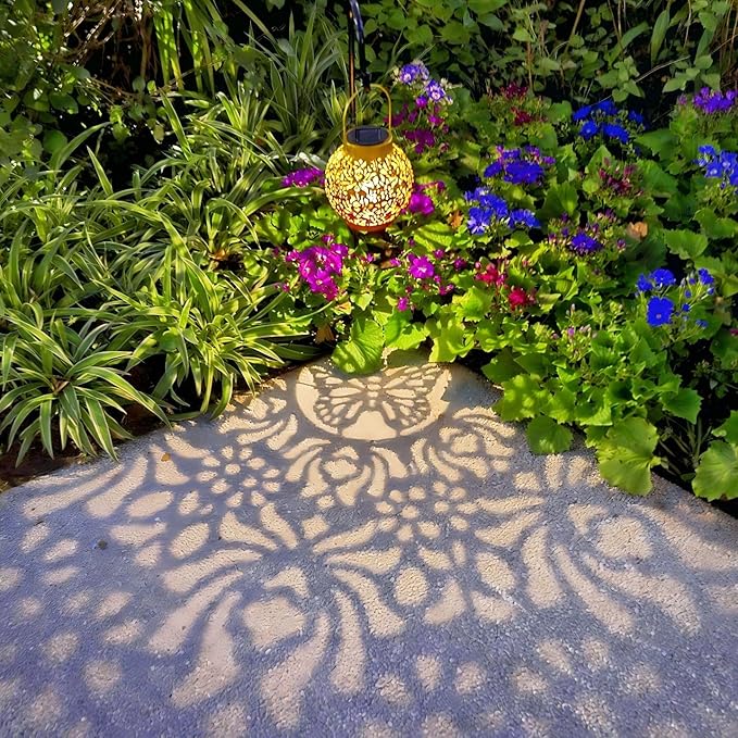 2 Pack Outdoor Solar Hanging Lantern Lights Metal LED Decorative Lamp for Garden Patio Courtyard Lawn and Table with Hollowed-Out Design (Sunset Blaze)