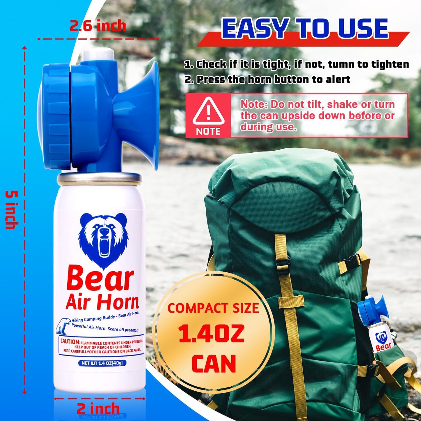 1.4oz Bear Horn for Self Defense, 123dB Loud Mini Air Horn, Audible Up to 1/2 Mile, Safety Air Horn for Hiking,Camping and Outdoor Protection（1.2.4）