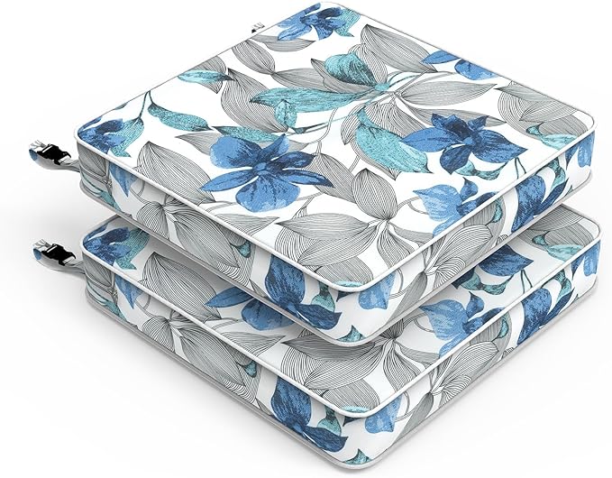 LVTXIII Patio Chair Cushions 22"x22"x3", Water-Repellent Outdoor Seat Cushions for Patio Furniture, Square Chair Pads with Ties for Home Garden Decoration, Set of 2, Clemens Noir Blue