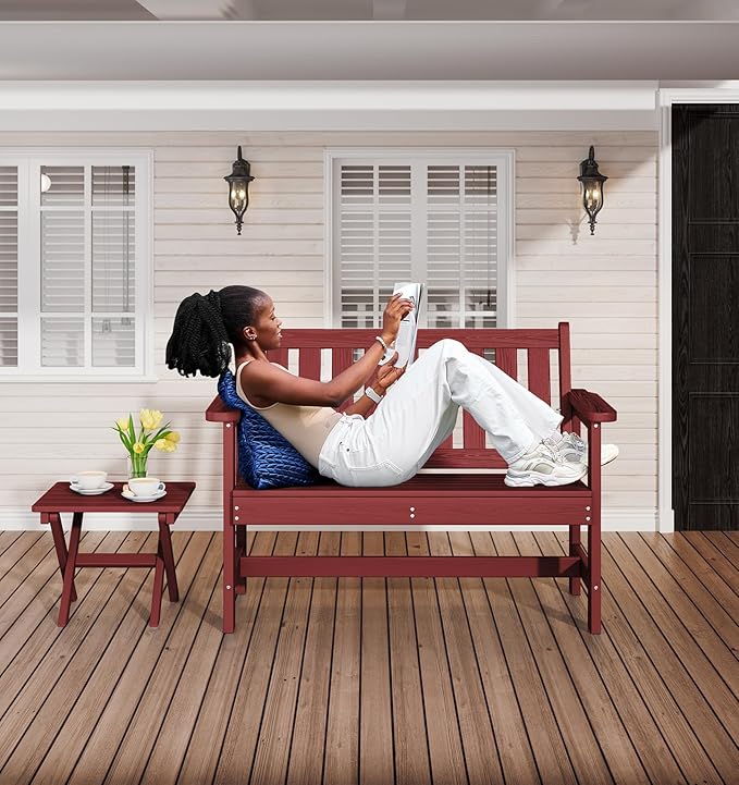 SERWALL Outdoor Bench, HDPE Outdoor Benches Weatherproof, 2-Person Garden Bench with 660 lbs Weight Capacity, Patio Benches for Outdoors, Garden, Porch, Backyard and Park, Red, 2 Pack