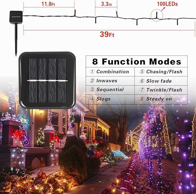 6-Pack Solar String Lights, 600 LED Extra-Long 236Ft Solar Halloween Lights Outdoor Waterproof, 8 Modes Led Halloween Lights for Garden, Patio, Wedding(Purple & Orange)