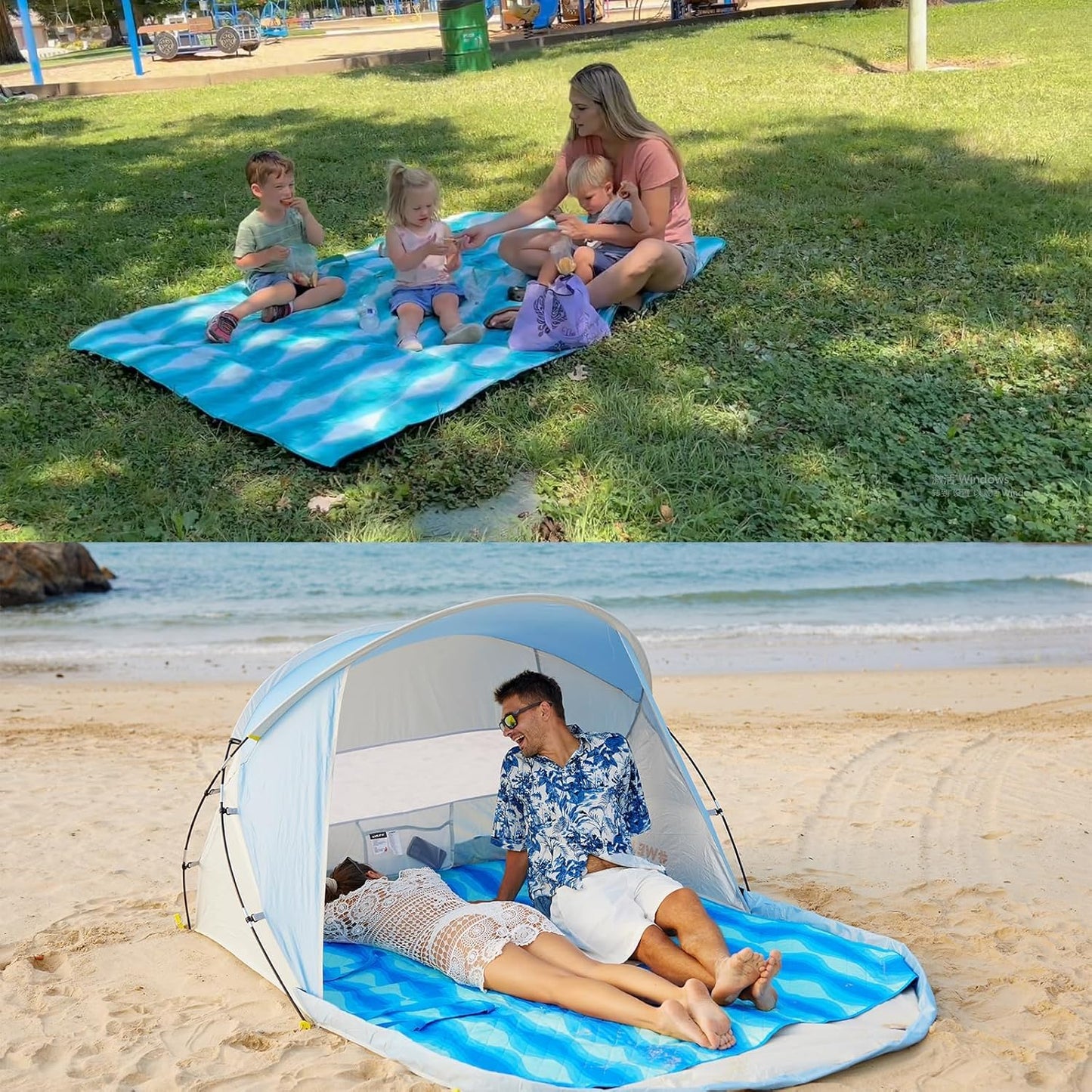 #WEJOY 3 in 1 Outdoor Picnic Blanket, Padded 3 Layers Beach Blanket, 80x60'', 4 Person, Easy to Fold, Waterproof for Lawn,Camping, Park (Cyan)