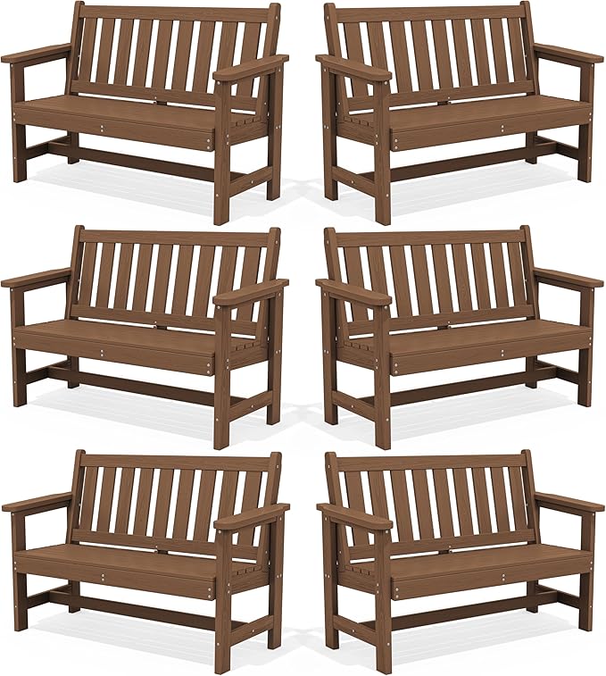 SERWALL Outdoor Bench, HDPE Outdoor Benches Weatherproof, 2-Person Garden Bench with 660 lbs Weight Capacity, Patio Benches for Outdoors, Garden, Porch, Backyard and Park, Brown, 6 Pack