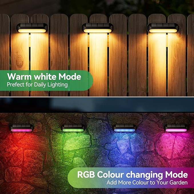 Solar Outdoor Lights 4 Pack, Bright Fence Lights with Multi-Color Changing & Warm White Mode, Upgraded Solar Step Lights Outdoor Waterproof for Garden Deck Post Stair Yard and Wall