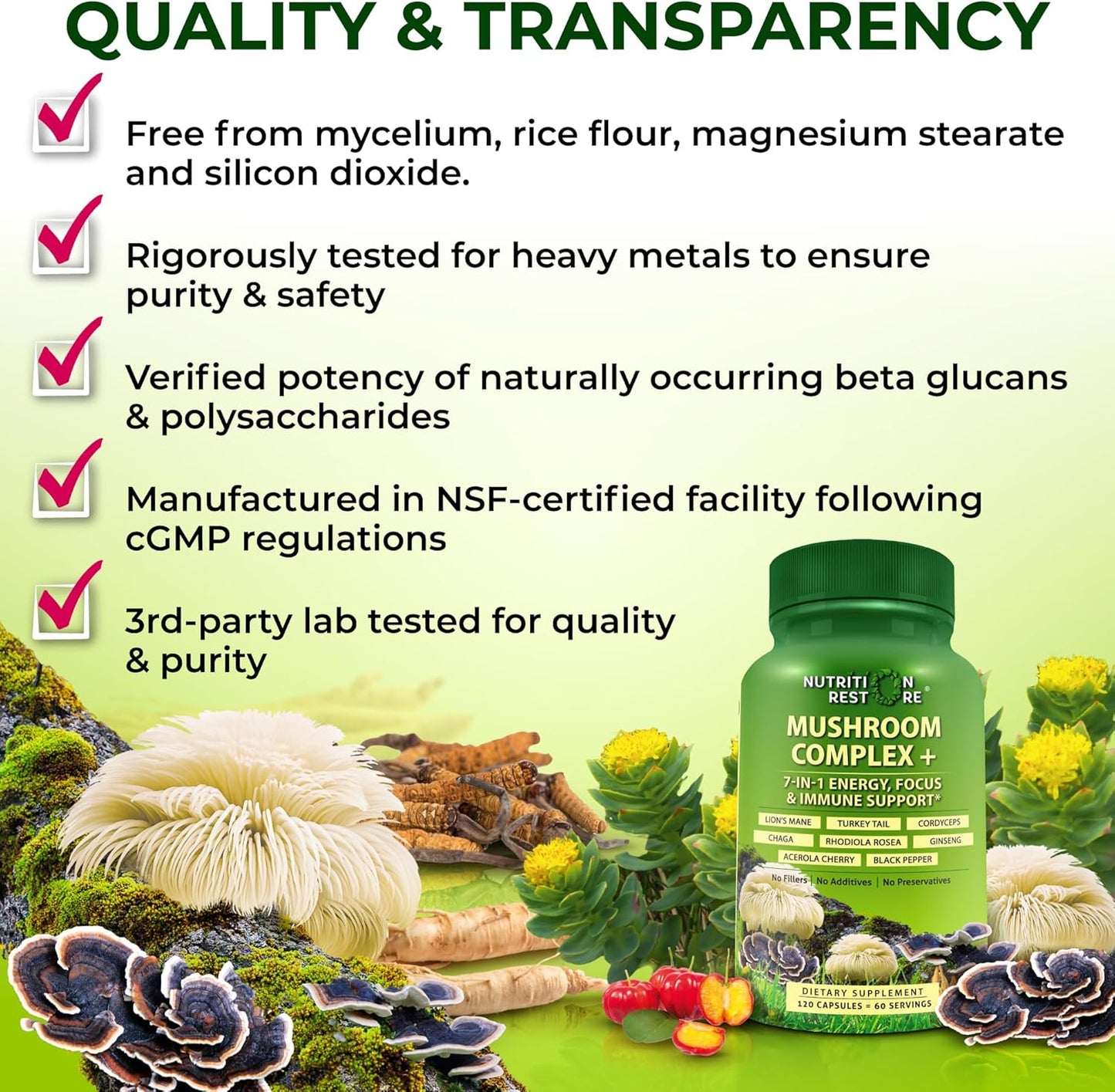 Organic Mushroom Complex: Lion's Mane, Turkey Tail, Cordyceps, Chaga, Contains Naturally Occurring Beta Glucans - Organic Energy & Immune Support Blend: Rhodiola Rosea, Ginseng & Acerola Cherry 120Ct