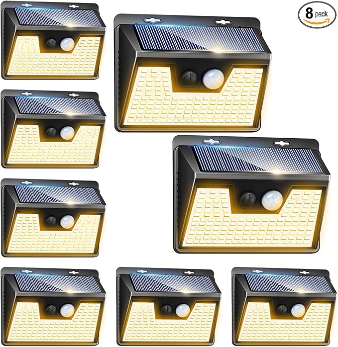 Peasur Solar Lights Outdoor Waterproof [8 Pack/140LED], Warm White Motion Sensor Light Ultra-Bright, 3 Modes Solar Fence Security Lighting for Wall Garden Yard Garage Patio