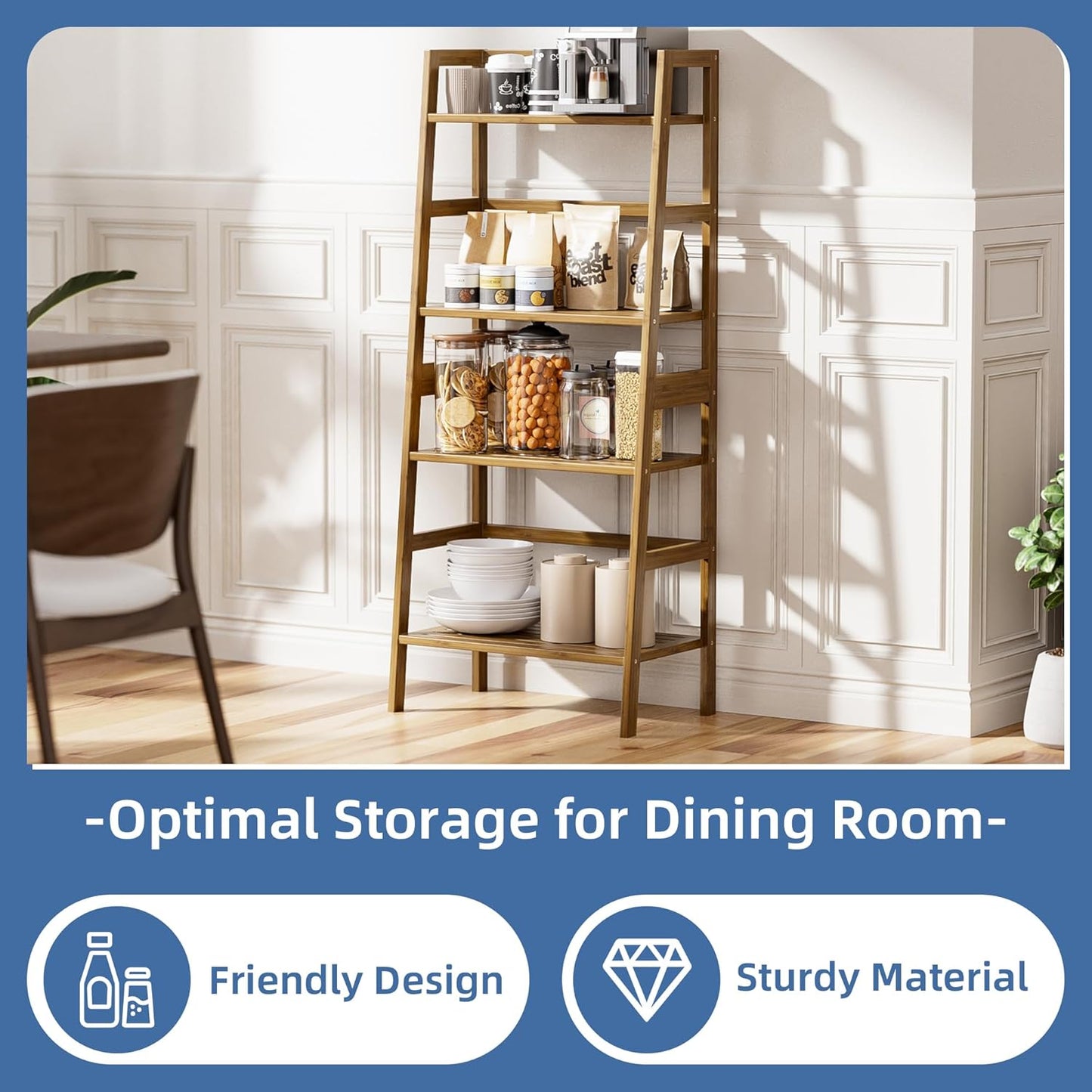 HITNET Ladder Shelf, 4-Tier Bamboo Bookshelf, Freestanding Open Display Storage Rack, Space Saving Flower Plant Display Stand for Bathroom Living Room, Walnut