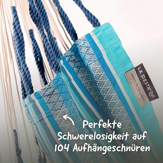 LA SIESTA® - Large Comfort Habana Cotton Hammock Chair & CasaMount - Hanging Chair w/Suspension Kit for Walls Ceilings & Square Beams - Indoor Outdoor Swing Hanging Chair Bedroom Balcony - Azure