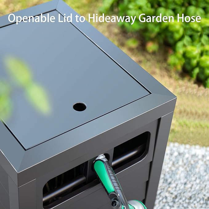 Metal Garden Hose Reel Deck box, Durable Steel Garden Hose Storage Box Cabinet, 150ft 5/8" Garden Hose Capacity. - Hose guide Manual Rewind, No-leak aluminum water connections
