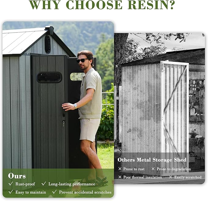 Domi 8x12FT Outdoor Resin Storage Shed with Transparent Windows & Louvered Vents, Plastic Tool Shed with Double Lockable Doors & Gable Roof, Outside Garden Shed for Backyard, Patio, Lawn, Grey