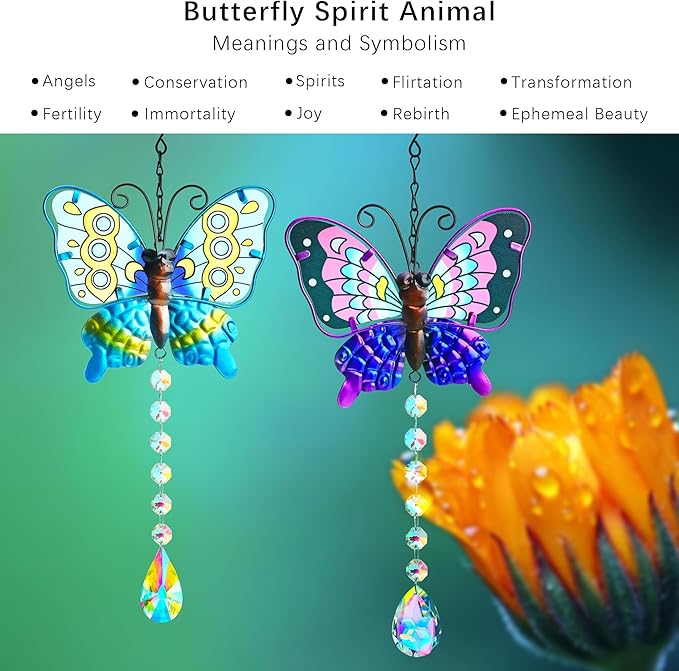 Set 2 Metal Butterfly Suncatchers for Windows - 14" Outdoor Fence Wall Art Decor, Rainbow Prisms Sun Catchers with Crystals Hanging for Home Garden Ornament