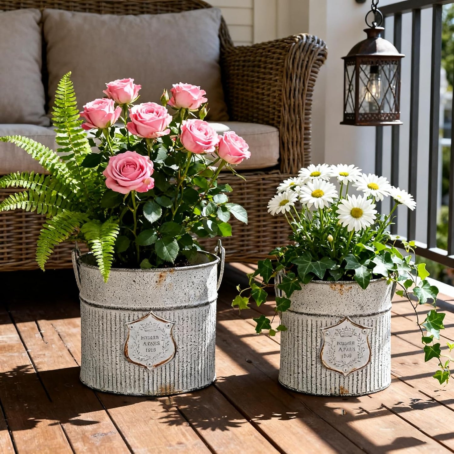 Vintage Galvanized Metal Planter Pots Set of 2, Rustic Farmhouse Flower Pots with Handles, "Potager A Paris 1903" Decorative Planters for Indoor Outdoor Gardening, Succulents, Herbs, Home Decor