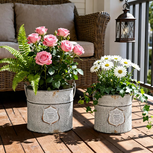 Vintage Galvanized Metal Planter Pots Set of 2, Rustic Farmhouse Flower Pots with Handles, "Potager A Paris 1903" Decorative Planters for Indoor Outdoor Gardening, Succulents, Herbs, Home Decor