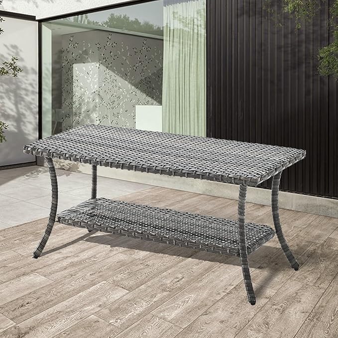 Patio Tables Outdoor Coffee Table - Wicker Rattan Coffee Tables with 2-Tier Storage Shelf Side Table for Porch Deck Balcony Garden Outside Rectangle Mixed Grey