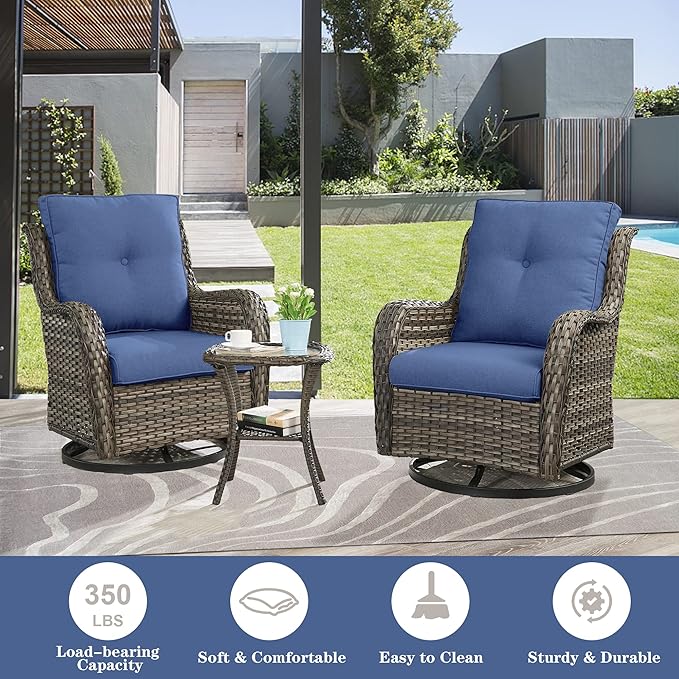 5 Pieces Patio Furniture Sets Wicker Outdoor Furniture, Rattan Patio Swivel Glider Chairs with 2 Ottoman and Glass Side Table