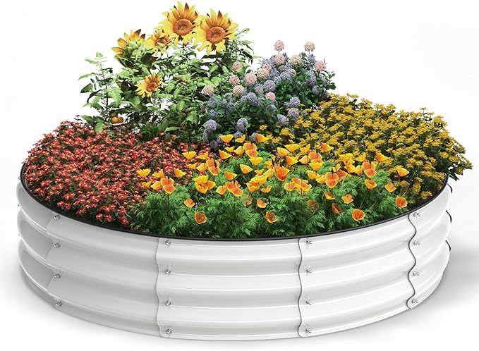 4x4x1 FT Galvanized Raised Garden Bed, Large Round Raised Garden Beds Outdoor Raised Planter Box, Raised Beds for Gardening Vegetables Flower Herb(Pearl White)