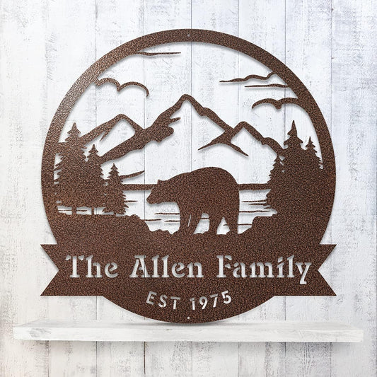 RealSteel Personalized Bear Family Metal Sign - Custom Outdoor Wall Art with Mountain Scene - Circular Design for Porch, Patio, Lawn & Garden Décor - Black, 18"