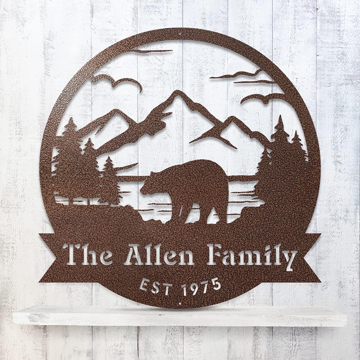 RealSteel Personalized Bear Metal Sign - Custom Outdoor Wall Art with Mountain Scene - Circular Design for Porch, Patio, Lawn & Garden Décor - Textured Silver, 18"