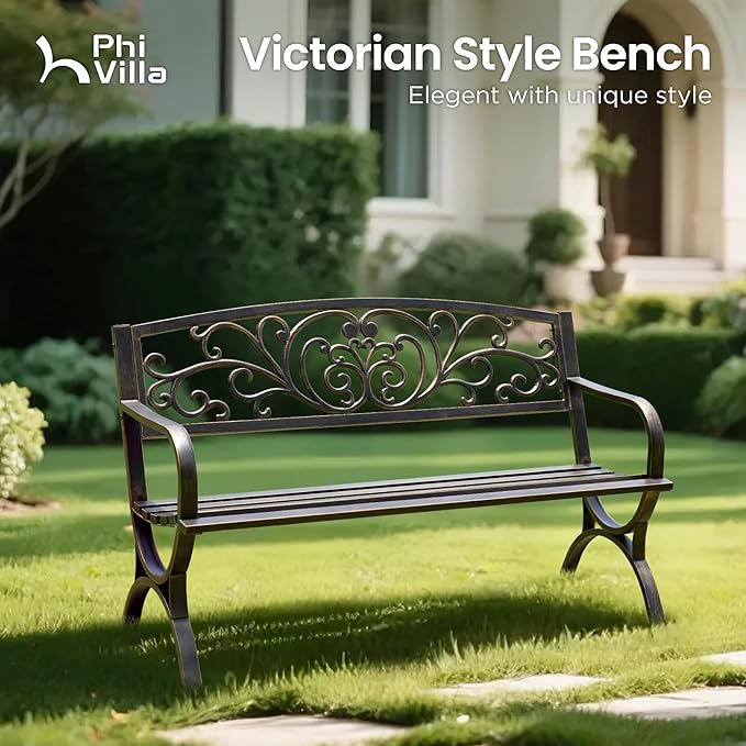 PHI VILLA 50Inch Cast Iron Steel Frame Garden Bench Patio Furniture Chair Outdoor Bench w/Floral Design Backrest, Slatted Seat for Park, Yard & Porch, Bronze