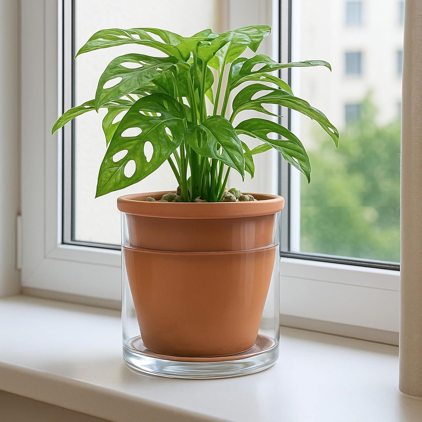 D'vine Dev 6 Inch Design Self Watering Pot for Indoor Plants, Terracotta Planter with Cylinder Glass Cup, Set of 2, 37-Y-B-1