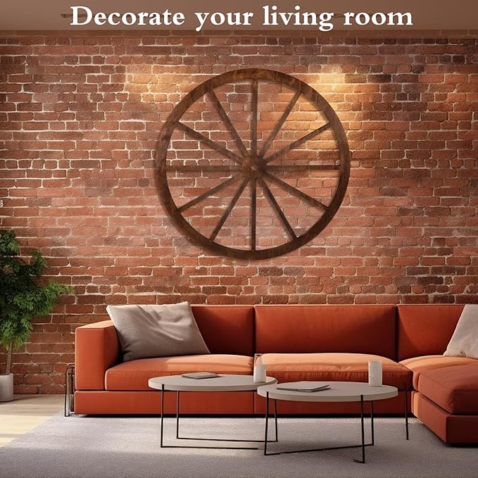 Wood Wagon Wheel Decorative Old Western Style Wagon Wheel Decor Vintage Rustic Wall Hanging Wood Cartwheel Decor for Garden Bar Patio Garage Farmhouse(30 Inch,Brown)