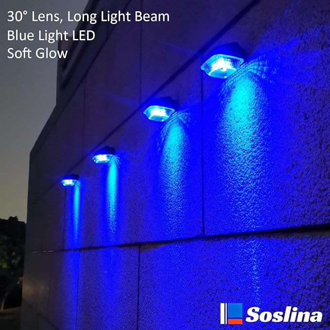 4 Pack Solar Step Lights Outdoor Waterproof, Solar Wall Lights Outdoor, Last All Night, Solar Fence Lights for Fence Garden Step Yard Decking Patio (Blue)
