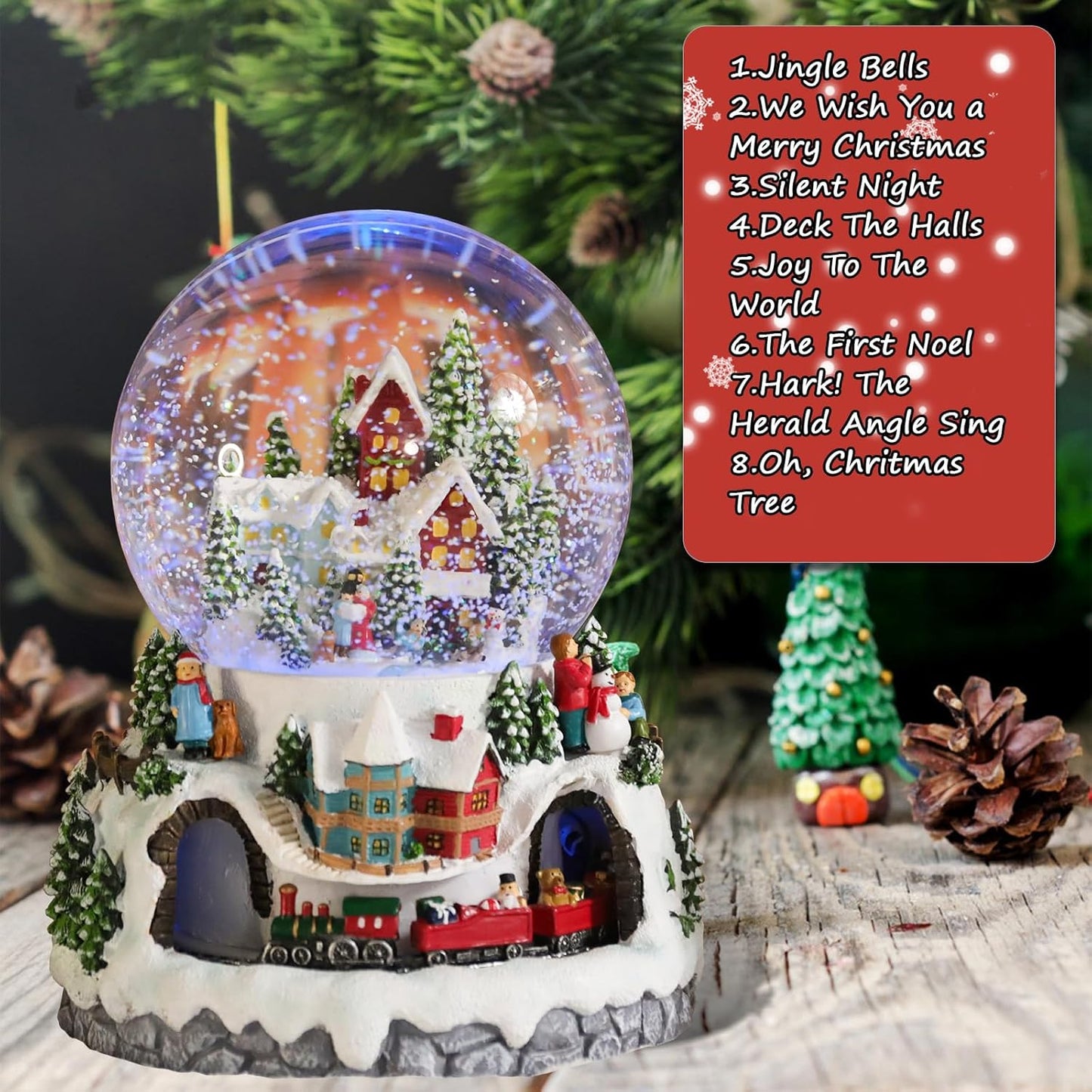 Christmas Village Snow Globes, Church House with Moving Train Musical Snow Globe Swirling Glittering Water Globes Christmas Birthday Gift for Girls Kids Daughters